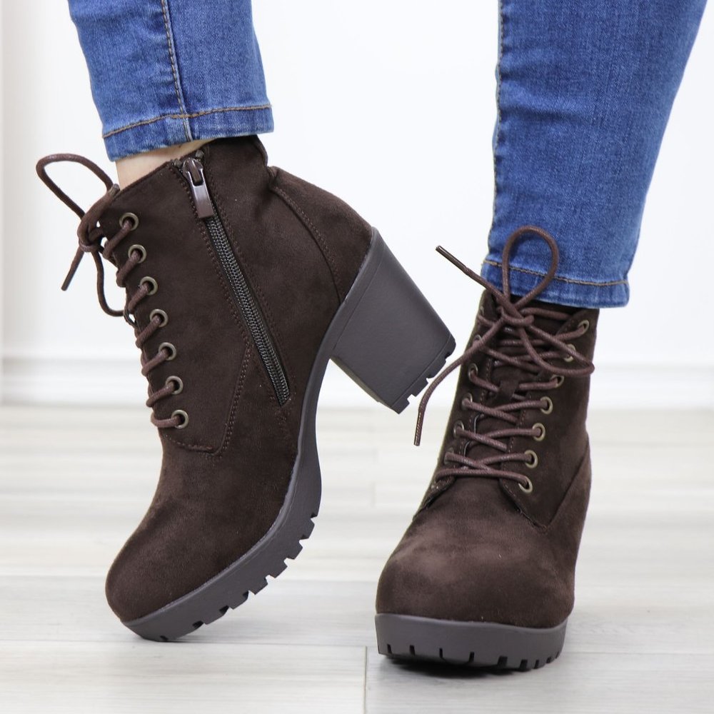 Brown Faux Suede Lace-Up Lug Chunky Block High Heel Ankle Boots - Picture 11 of 12